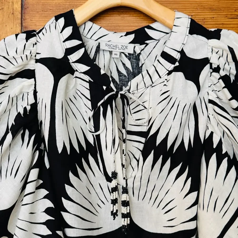 Rachel Zoe Black White Linen Blend Puff Sleeve Boho Blouse Top Womens Sz XS NWOT